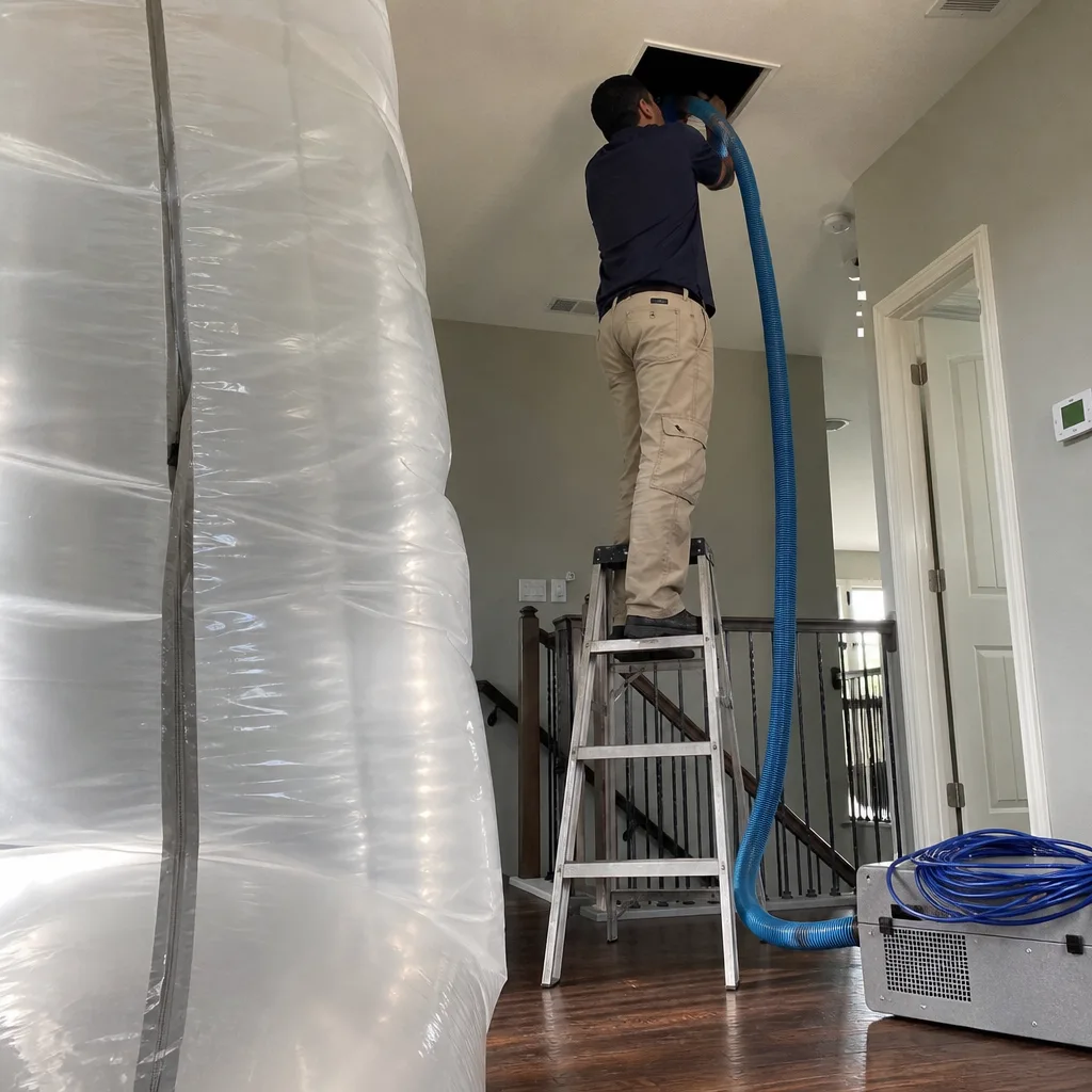 Technician using vacuum hose for residential air duct cleaning service.