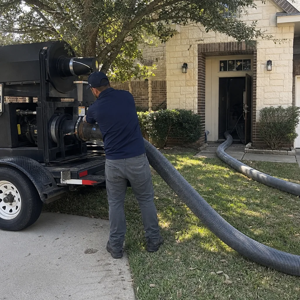 Technician using industrial air duct cleaning equipment at a residence