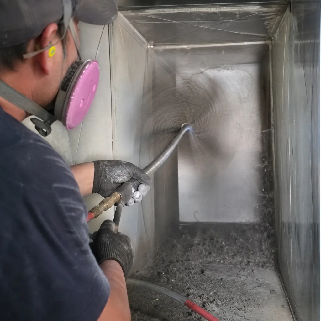 Technician performing professional air duct cleaning with a rotating brush tool.
